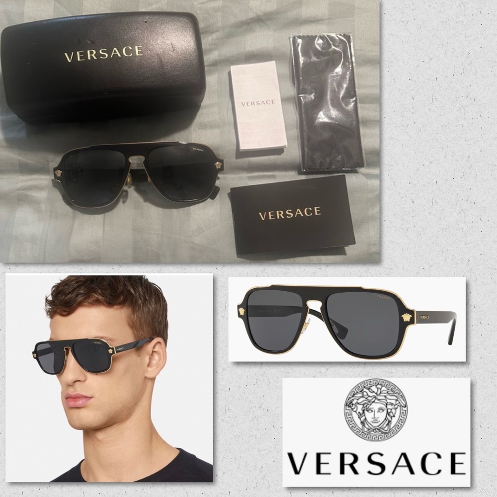 Versace Men's Black and Gold Square Aviator Sunglasses